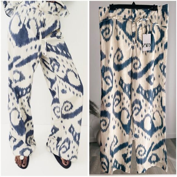 Zara Printed Belted Pants New Cotton - Picture 1 of 6